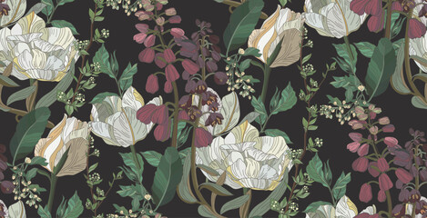 Vintage style flowers and leaves, seamless pattern on brown background	
