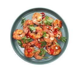 Tasty grilled shrimps with herbs and spices isolated on white, top view. Delicious seafood dish