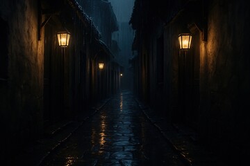 Fototapeta premium Narrow alley with wet pavement, light rain dripping from rooftops, reflections of dim lanterns glowing.
