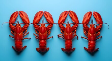 Four vibrant red lobsters arranged in a row against a solid blue background create a striking visual symmetry. Their claws are elegantly positioned, showcasing their detailed anatomy.