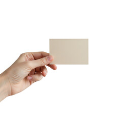Obraz premium Hand holding a blank beige card for branding or contact information isolated on transparent background
