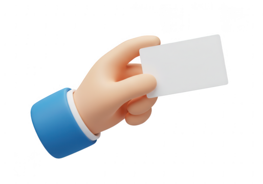 Cartoon hand in a blue suit sleeve holding a blank white business card isolated on transparent background