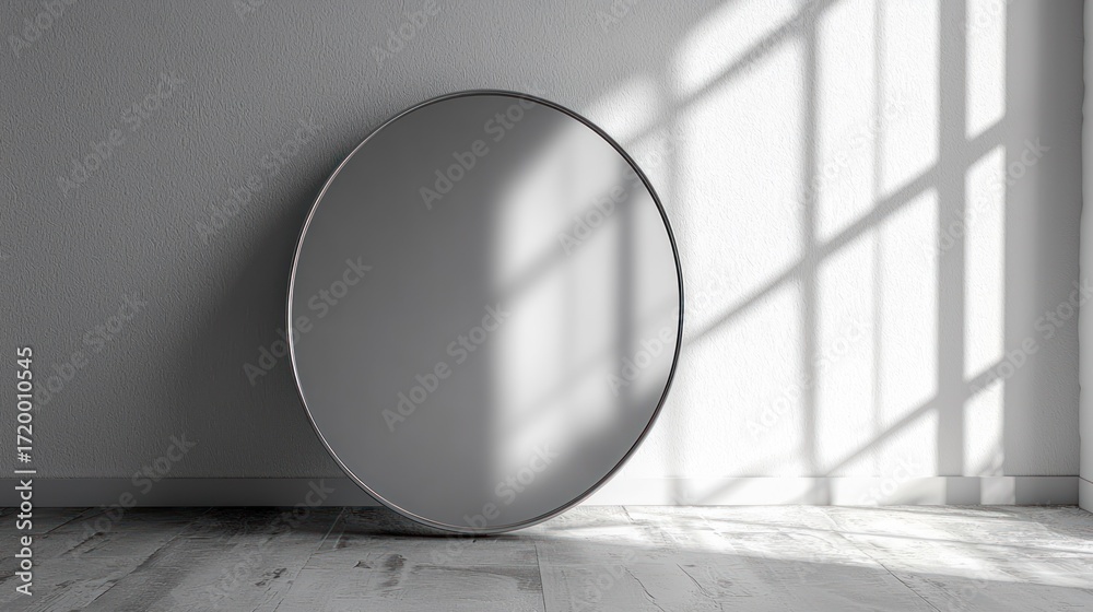 Wall mural A round mirror with a metallic frame reflecting a window with sunlight streaming in.