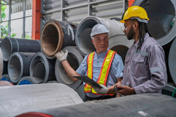 Two factory workers discussing metal coil inspection in an industrial warehouse. They wear safety gear, including helmets and vests, emphasizing teamwork, manufacturing, and industrial safety.
