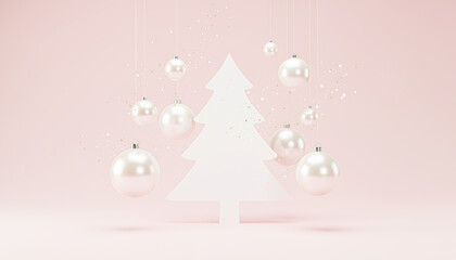 A minimalist Christmas tree with hanging pearl ornaments against a soft pink background, creating a festive and elegant holiday atmosphere.
