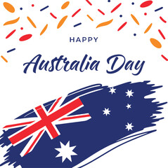 Vector art of happy australia day text with australian flag brush stroke and confetti