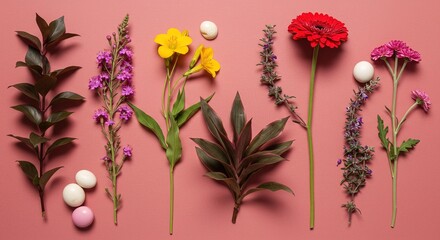 Assortment of flowers and candies on a pink background