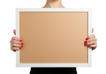 Woman holding a blank square wooden frame with a brown insert isolated on transparent background