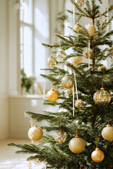 elegant christmas tree with butter yellow ornaments and ribbons glowing in minimalist room under soft daylight