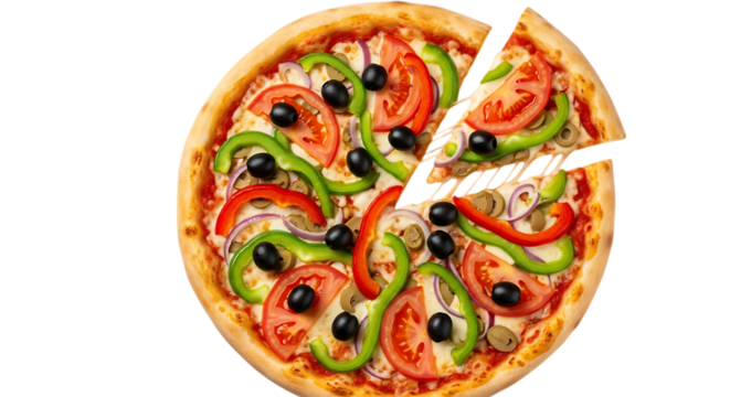 Overhead shot of a vibrant vegetable pizza with a slice being removed, isolated on transparent background the pizza is topped with fresh tomatoes, green peppers, black olives, and red onions, creating