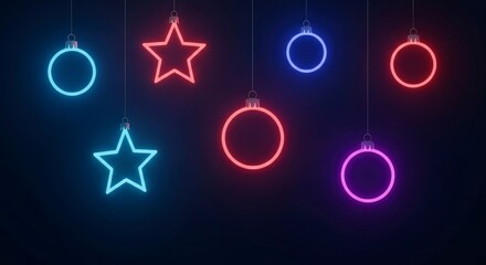 Modern Festive Glow: Hanging Neon Light Christmas Ornaments Stars and Circles in Luminous Colors.