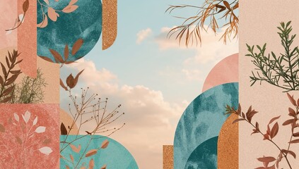 Serene Botanical Collage: A Peaceful Sunset Sky