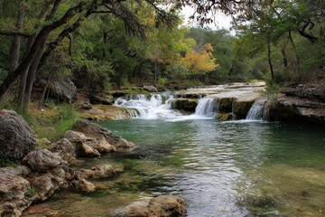 Obraz premium Scenic Waterfall in Hamilton Greenbelt, Lakeway Texas: A Nature Lover's Paradise with Cascading Streams and Lush Green Forests