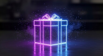 Luminous Neon Gift Box with Floating Particles Reflecting a Vibrant Purple and Blue Glow.