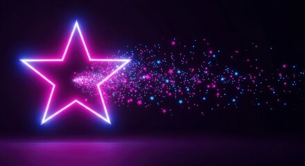 Luminous Pink Neon Star Dissolving into a Trail of Purple Glitter Particles.
