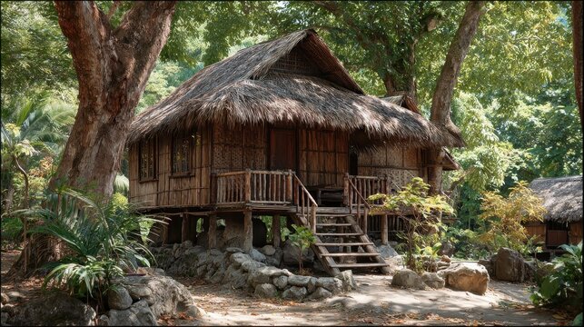Traditional Bahay Kubo: Rustic Wooden Cabin Amidst Nature in a Charming Rural Village