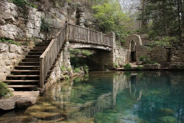 Scenic View of Pedestrian Bridge Over Clear Blue Waters at Ha Ha Tonka State Park, Missouri - Perfect Hiking Destination Surrounded by Lush Forest and Hills