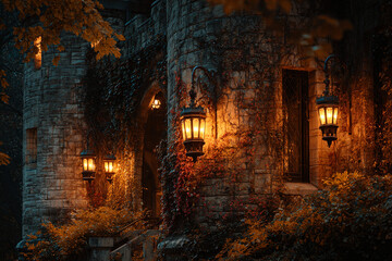 autumn castle with butter yellow lanterns glowing ivy walls and owls flying magical fantasy scene