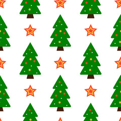 Christmas tree pattern with stars on a white background is a festive New Year's print. Vector seamless background in a flat style