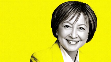 vibrant illustration portrait of a smiling professional woman of East Asian descent. Her business casual attire and confident expression stand out against a bright, clean primary yellow background. 