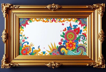 Obraz premium Elegant gold frame enclosing vibrant Thai art depicting intricate patterns and motifs, subtle, elegant