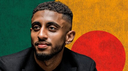 stylized illustration portrait of a young, stylish man of South Asian descent, with a modern haircut. He is casually leaning forward, a slight grin on his face, set against a vibrant, energetic 