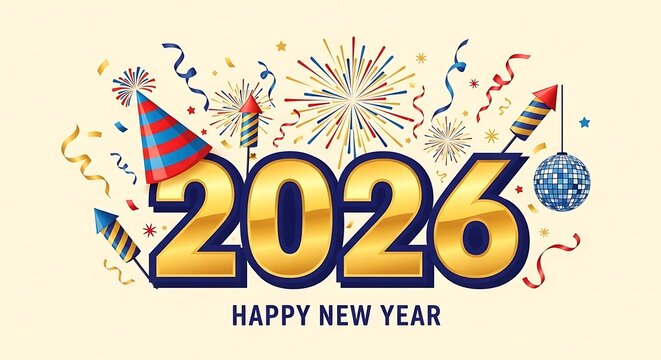Happy new year 2026 with fireworks and party elements - Powered by Adobe