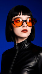 Fashion Portrait Of A Woman In Black Leather Jacket Wearing Orange Round Glasses