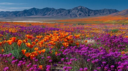 Obraz premium Vibrant Desert Landscape of Orange Poppies and Purple Owl's Clover Wildflowers in California