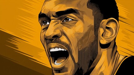 engaging illustration portrait of a happy, expressive man of African descent, shown mid-laugh. The image is full of life and positive energy, set against a dynamic, bold primary orange background 
