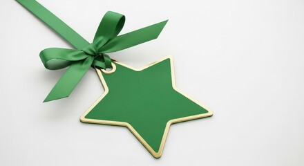 Obraz premium Elegant Green Star Gift Tag with Gold Trim and Satin Bow on a Minimalist White Background.