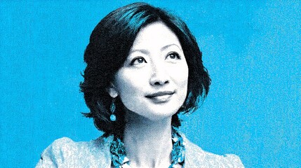 classic illustration portrait of a composed, professional woman of Asian descent, with a look of calm focus. Her neat hair and elegant clothing are highlighted against a simple, sophisticated 