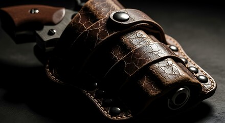 Close-up of a vintage leather gun holster with a revolver