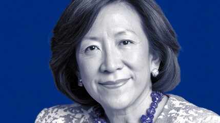 classic illustration portrait of a composed, professional woman of Asian descent, with a look of calm focus. Her neat hair and elegant clothing are highlighted against a simple, sophisticated 