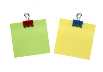 Two colorful sticky notes one green and one yellow held by binder clips isolated on transparent background