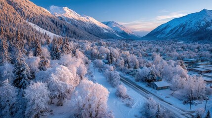 Golden Hour Serenity: Aerial Perspective of Girdwood, Alaska's Rustic Resort Landscape Blanketed in White Snow