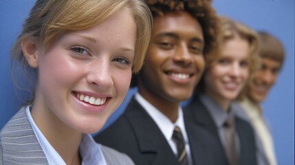 portrait of a confident multiethnic team of young professionals in formal office attire, standing side by side against a solid blue background, smiling directly at the camera corporate diversity, 