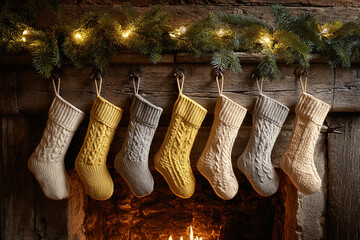 butter yellow and cream knitted stockings hanging by rustic fireplace with pine garland and glowing fire festive scene