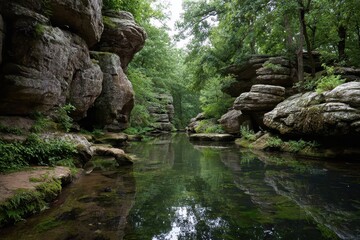 Breathtaking Boulder and Cliff Landscapes of Shawnee National Forest in Southern Illinois, Featuring Vibrant Greenery and Serene Water Creeks