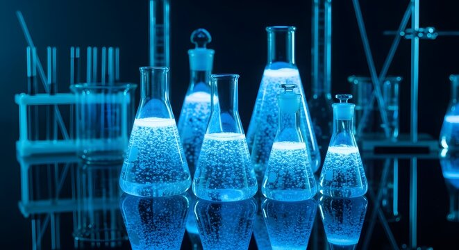 Illuminated Laboratory Blue Liquid Fills Erlenmeyer Flasks,creatingastunningreflectiononpolishedsurface.Scientific Experimentation
