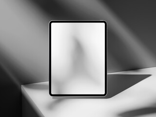 Minimalist tablet mockup on cement with soft shadow, emphasizing clean design for digital content.