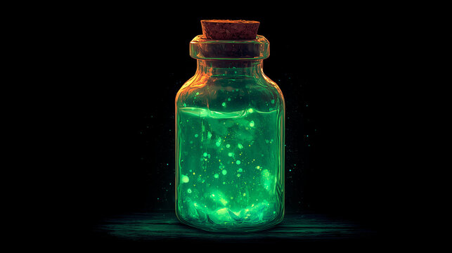 glowing green potion bottle with sparkling liquid, fantasy magic elixir illustration for Halloween, witchcraft, and mystical design