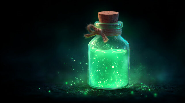 glowing green potion bottle with sparkling liquid, fantasy magic elixir illustration for Halloween, witchcraft, and mystical design