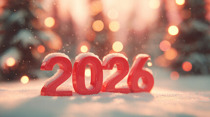 red 2026 numbers on snowy background with festive bokeh lights, winter holiday illustration for Christmas and New Year celebration