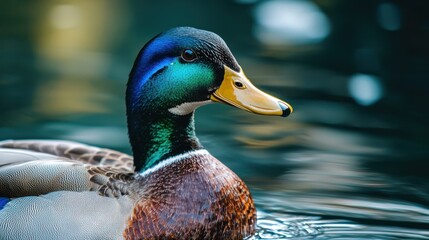 A colorful duck swimming in a serene pond with a green background.