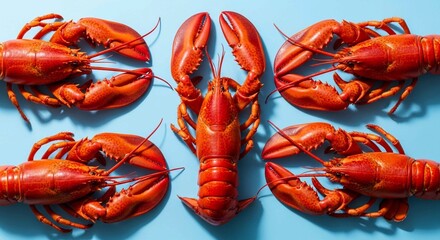 A clean, top-down view of six bright red cooked lobsters arranged on a light blue surface.
