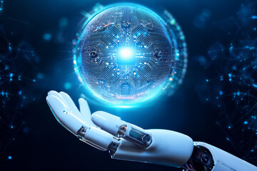 Futuristic hand holding tech orb for teaching robotics and artificial intelligence concepts

