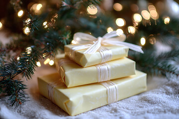 butter yellow wrapped christmas gifts with ivory ribbons under pine branches and fairy lights festive scene