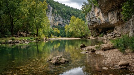 Obraz premium Buffalo National River, Arkansas: Scenic Tyler Bend Campground with Majestic Cliffs and Serene Stream