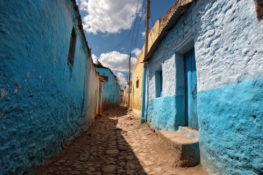 Charming Narrow Alley in the Historic Walled Town of Harar, Ethiopia &acirc;&euro;&ldquo; A UNESCO World Heritage Site Under a Beautiful Blue Sky